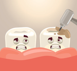 Teeth treatment with dental drill. Vector flat cartoon illustration