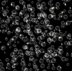 Soap bubbles and lights on a black background. Beautiful abstract background. Vector illustration.