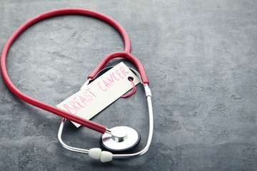 Stethoscope with inscription Breast Cancer on grey wooden table