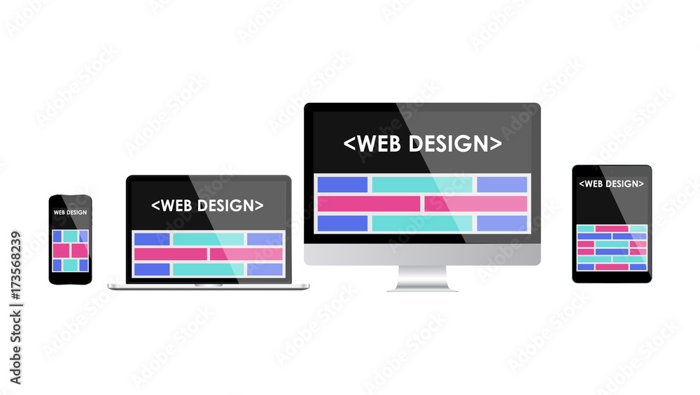 Poster responsive web design. adaptive user interface. digital devises. laptop, tablet, monitor, smartphone