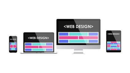 Responsive web design. Adaptive user interface. Digital devises. Laptop, tablet, monitor, smartphone Web site template concept