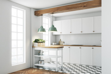 White kitchen interior, tiled floor, side