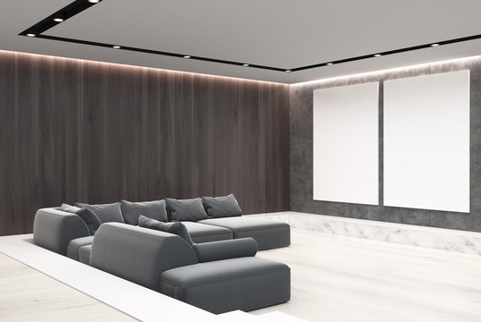 Wooden living room gray sofas, posters, side