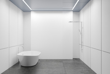 White tiled bathroom, tub and shower