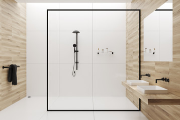White and wooden bathroom shower and sinks