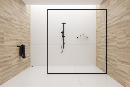 White and wooden bathroom shower