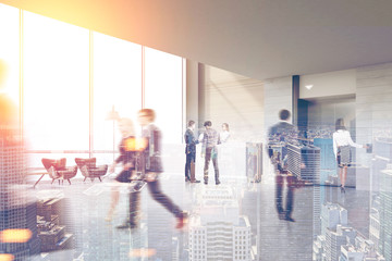 Panoramic window elevator hall, people