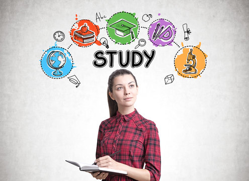 Young woman with a planner, study icons