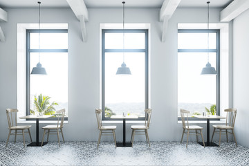 Obraz na płótnie Canvas White cafe interior wooden tables