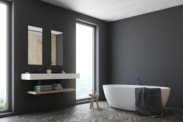 Gray bathroom, white tub, corner