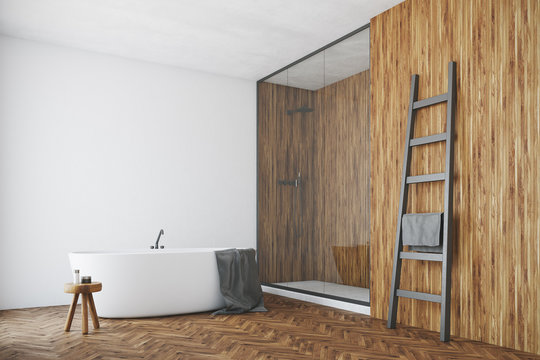 White and wooden bathroom, white tub, corner