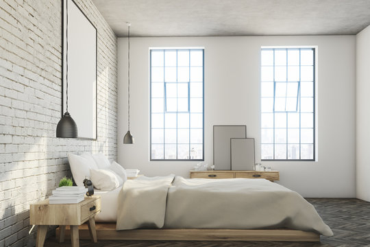 White brick bedroom, poster, side