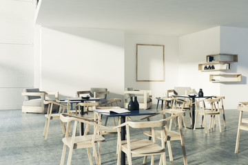 Fototapeta na wymiar Loft cafe black tables, white chairs, poster side