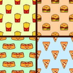 set of fast food seamless patterns kawaii characters. Flat design Vector Illustration