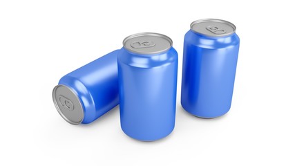 3d rendering of three blue aluminum cans over white background