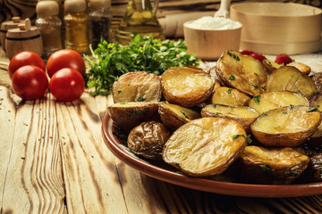 Close up of steaming hot baked potato,Hot buttered jacket baked potatoes,Roasted potato in bowl on wooden table,Oven-baked potatoes with sea salt and rosemary,toasted baked potato strewed with herbs.