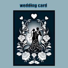 Inscription - wedding. Vector illustration Postcard. Invitation and greeting card with the groom and the bride under. Arch of flowers. Pattern for the laser cut, boy and girl. rose, heart