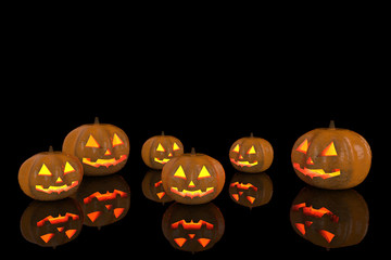 3d rendering. Halloween pumpkins with reflection on the floor with copy space background