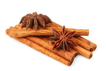 cinnamon stick and star anise spice isolated.