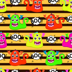 Naklejka premium Abstract seamless pattern for girls or boys. Creative vector background with a creeping monster, halloween. Funny wallpaper for textile and fabric. Fashion style. Colorful bright picture for children.