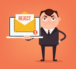 Angry sad businessman office worker man character receive reject letter document envelope by email online web site. Vector flat cartoon illustration