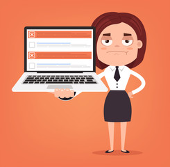 Angry upset business woman office worker character hold laptop with checkboxes. Vector flat cartoon illustration