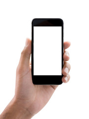 Isolate man hand holding black smart phone(mobile or cell phone with touch screen) with empty blank white screen on white background