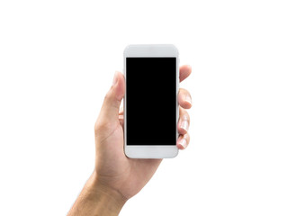 Isolate man hand holding white smart phone(mobile or cell phone with touch screen) with empty blank white screen on white background