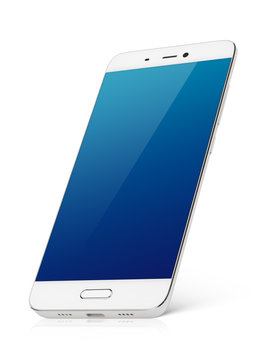 Modern white smartphone with blue emty screen stands isolated on white background. Smart phone with clipping path