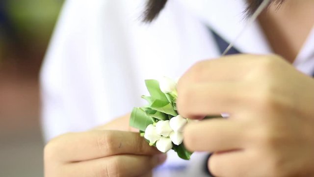 Thai Woman hands made flowers garland with jasmine for mothers day, Thais culture tradition that teaching education of Thailand.