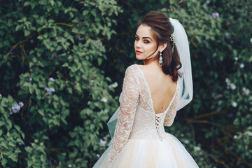 Very beautiful girl bride with veil in hands, white wedding dress, looking at camera, nature, park