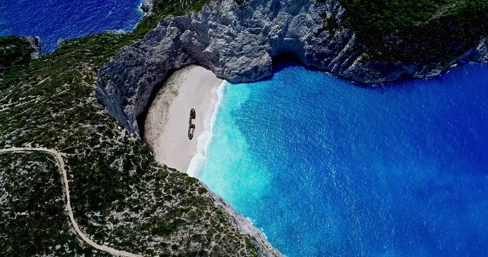 Aerial view of Navagio (Shipwreck) Beach in Zakynthos island, Greece.