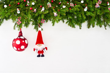 Christmas background. Christmas decoration with Santa on white wooden background. Copy space