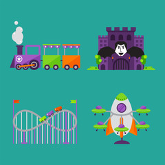 Naklejka premium Carousels amusement attraction park side-show kids outdoor entertainment construction vector illustration.