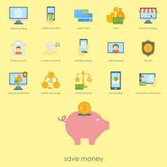 Money finanse banking safety icons business currency card deposit payment vector illustration.