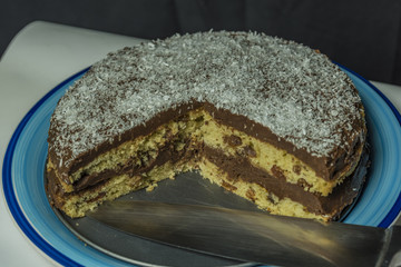 Coconut chocolate cake on blue dish
