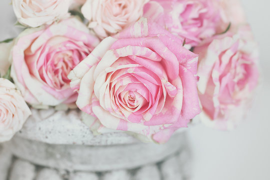 Lovely bunch of flowers .Close-up floral composition with a pink roses .Beautiful fresh pink roses.