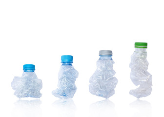 Collection of crumpled plastic bottle. Plastic bottle isolated on white background. Object with clipping path