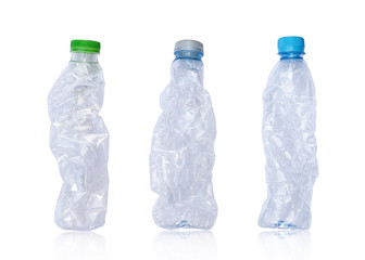 Collection of crumpled plastic bottle. Plastic bottle isolated on white background. Object with clipping path