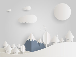 Landscape city of mushroom houses on sun day in winter, sky with cloud Stars and mountains, paper art style.