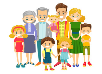 Happy extended caucasian smiling family with old grandparents, young parents and many children. Portrait of big family together with cheerful smile. Vector illustration isolated on white background.