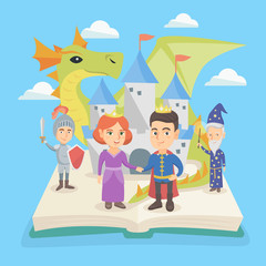 Open fairytale book with princess, prince, dragon, magician and knight standing near the castle