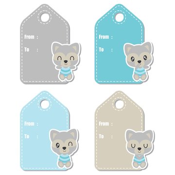 Cute raccoon boy vector cartoon illustration for baby shower gift tag design, label tag and sticker set design