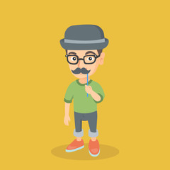 Little caucasian boy wearing hat bowler and holding fake moustache on a stick in front of his face. Boy in hat bowler, glasses and fake mustache. Vector cartoon illustration. Square layout.