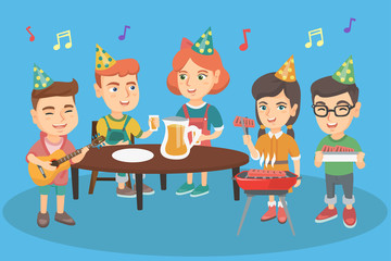 Group of caucasian joyful children having fun at outdoor birthday party. Company of happy boys and girls celebrating birthday party outdoors. Vector cartoon illustration. Horizontal layout.