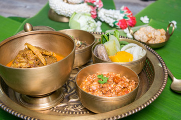 Northern Thai food with banana leaf background