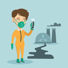 Young scientist in yellow protective suit standing on the background of nuclear power plant. Caucasian woman in yellow protective suit holding a test-tube. Vector cartoon illustration. Square layout.