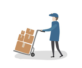 Delivery man push a package cart to delivered