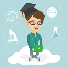 Young caucasian graduate sitting on the cloud with a laptop. Graduate using cloud computing technologies. Educational technology and cloud computing concept. Vector cartoon illustration. Square layout