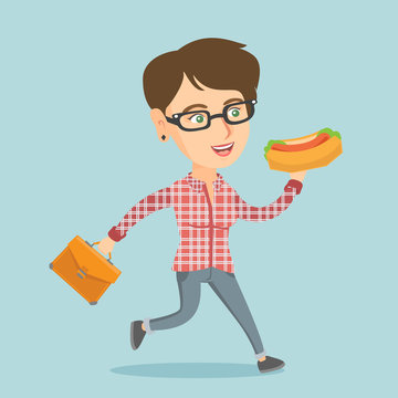 Caucasian business woman eating hot dog in a hurry. Business woman eating on the run. Young business woman running with briefcase and eating hot dog. Vector cartoon illustration. Square layout.
